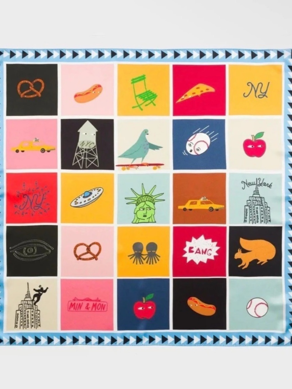 Min & Mon New York Bingo Silk Scarf Blue & multi, new in packaging 23.6” square
